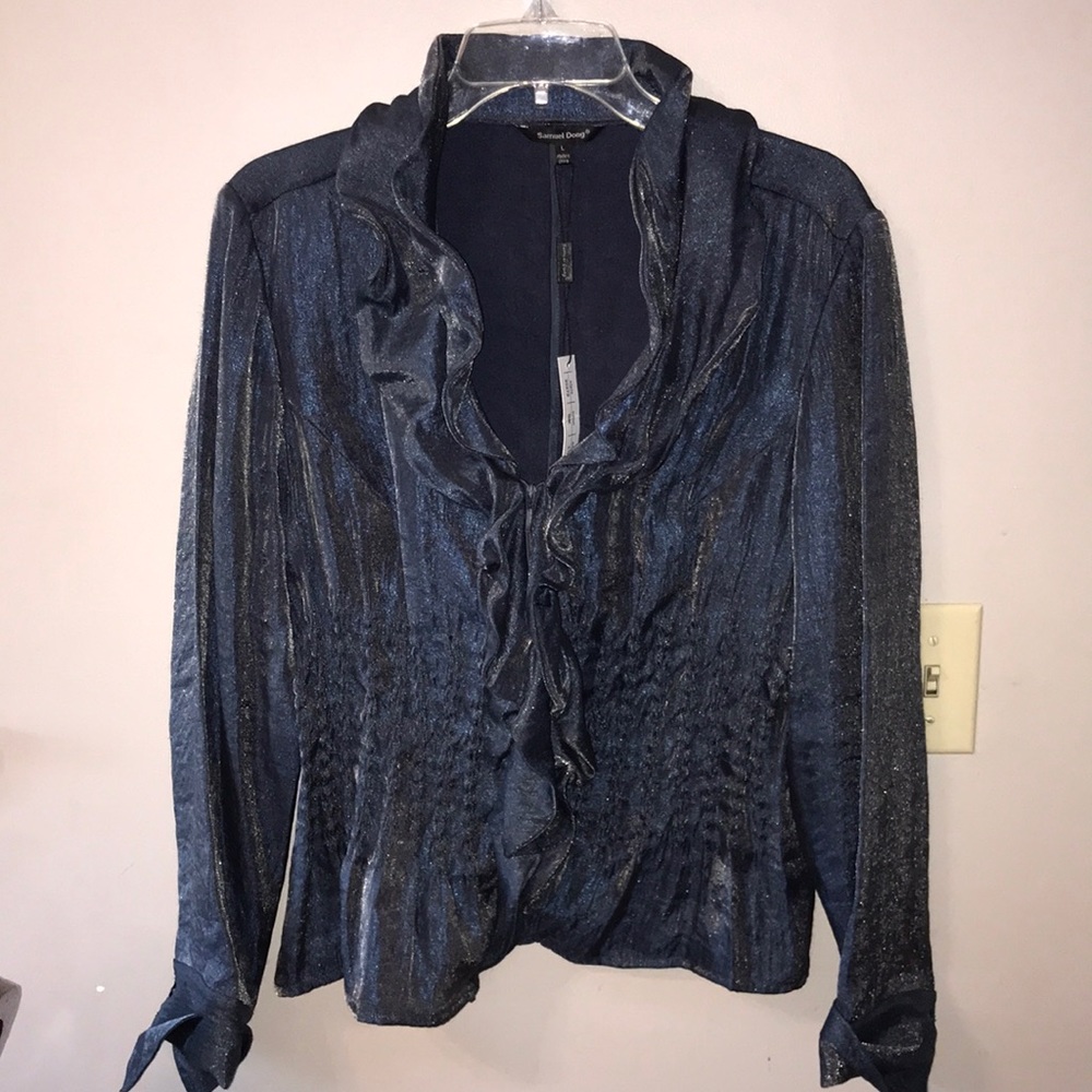 Samuel Dong ruffle metallic grey jacket blouse L